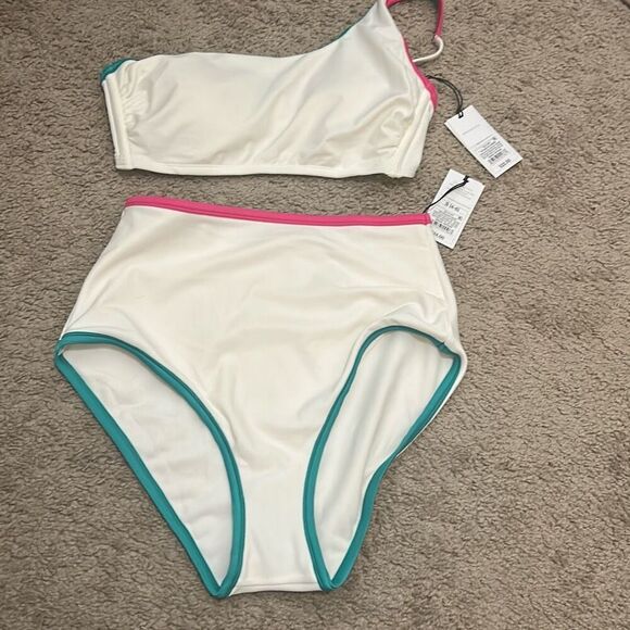 Shade & Shore Size S One Shoulder High Waist Bikini Set White Swimsuit NWT - Picture 1 of 9